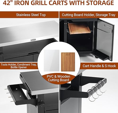 Miniatura 6 de NUUK Carrito de parrilla al aire libre con gabinete de almacenamiento, mesa de preparación de isla de cocina de metal con ruedas universales móviles
