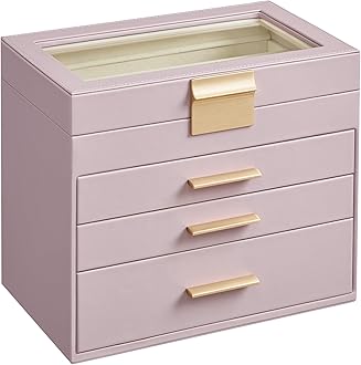 SONGMICSSONGMICS Jewelry Box Organizer with Glass Lid, 4-Layer Jewelry Storage, with 3 Drawers, Modern Style, 6 x 9.9 x 8.5 Inches, Lavender Purple and Gold Color UJBC161P01The Forest Stewardship Council