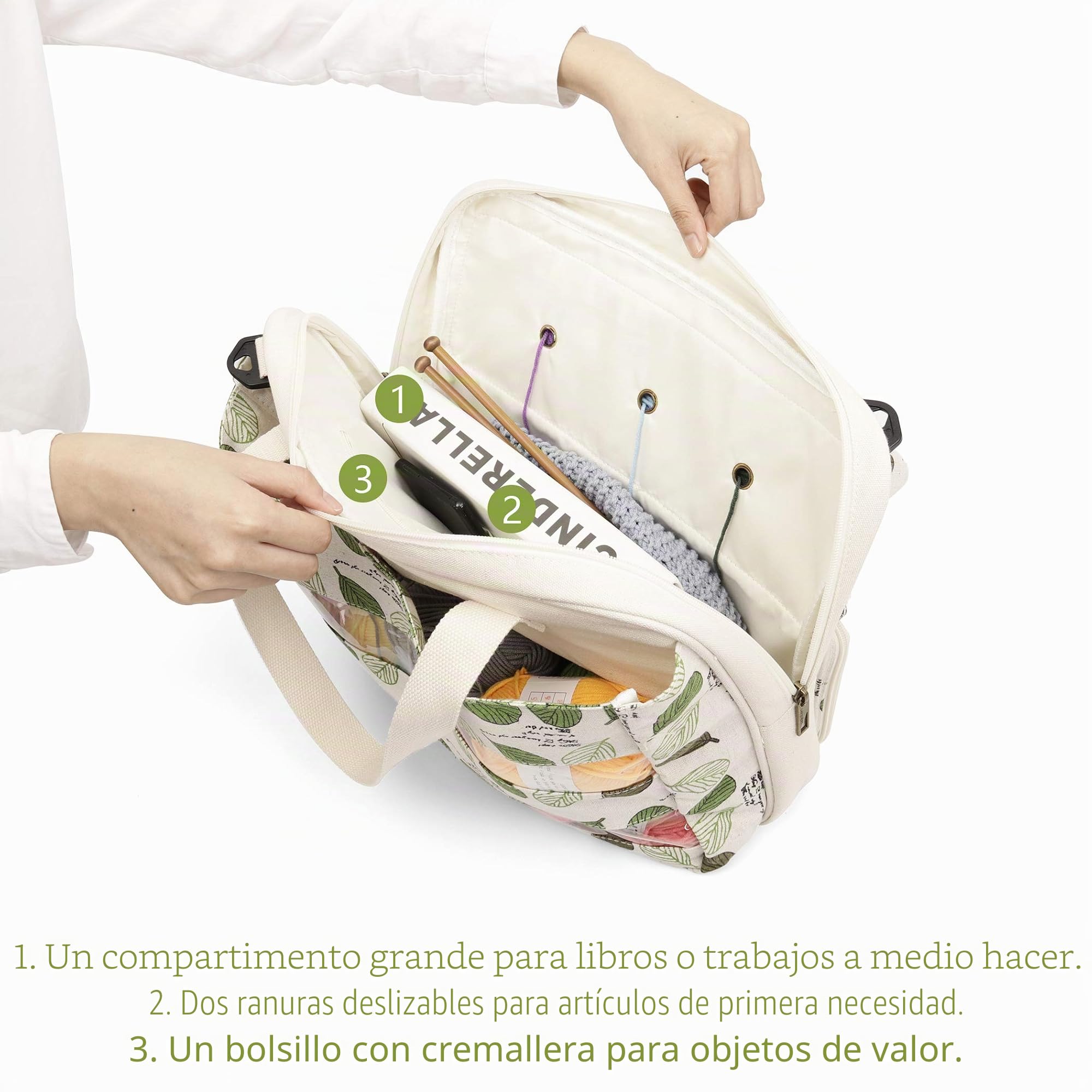 LAVIEVERT Bolsa de almacenamiento de hilo para proyectos de transporte, agujas de tejer, ganchos de ganchillo y otros accesorios, beige, Large