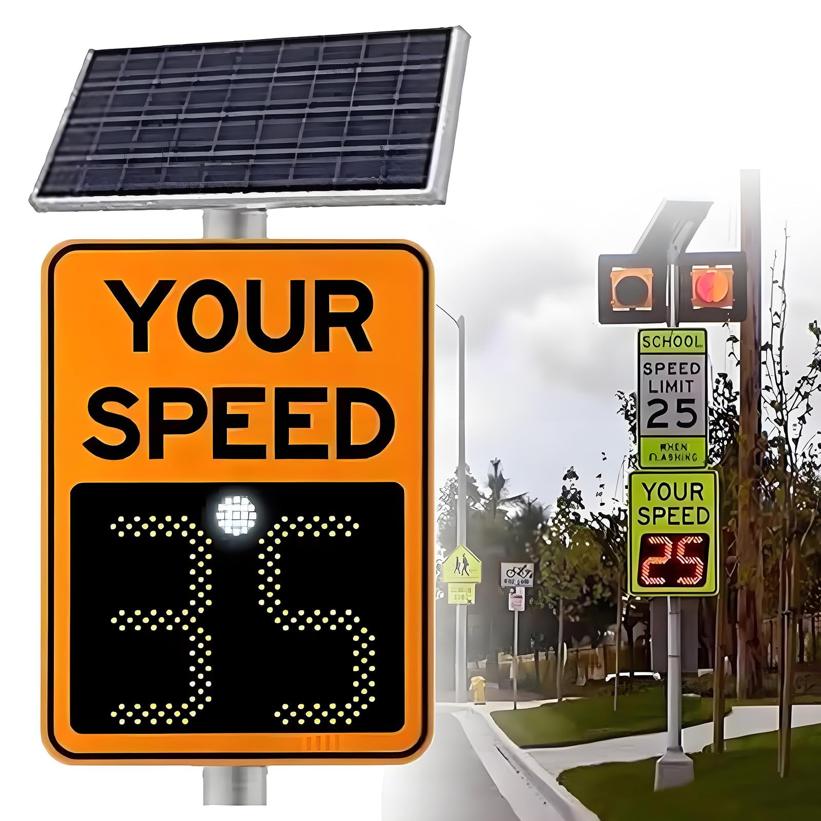 Señal de radar de velocidad alimentada por energía solar, pantalla LED de límite de velocidad de 24 x 35 pulgadas con control remoto, señal de retroalimentación de radar con pantalla de dos dígitos