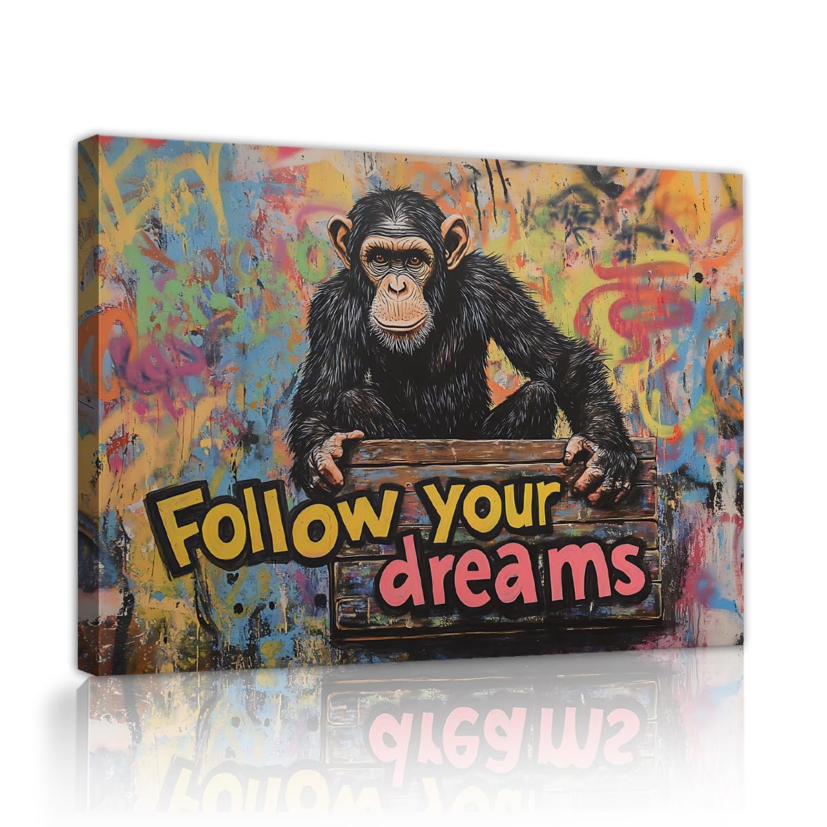 TOANGWALL Canvas Prints Wall Art Monkey Graffiti Street Pop Style Follow Your Dreams Quotes Mural for Studio Lounge Framed Modern Picture Decoration 70x100cm