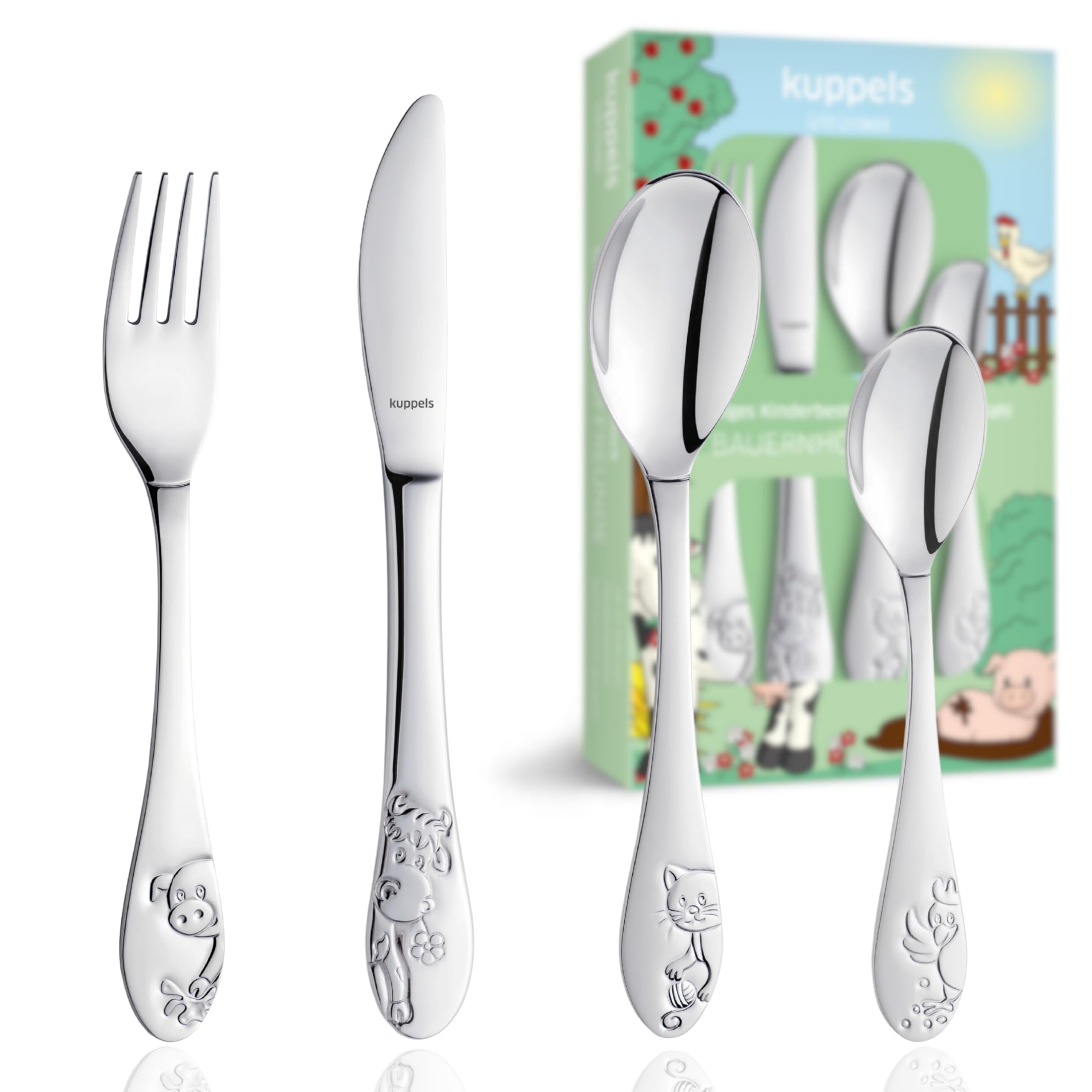 Kuppels Kinderbesteck 4-tlg, Bauernhoftier-Prägung, Edelstahl, ab 4 Jahre | Ergonomische Griffe, spülmaschinenfest, lebensmittelecht und rostfrei, inklusive hochwertiger Geschenkverpackung