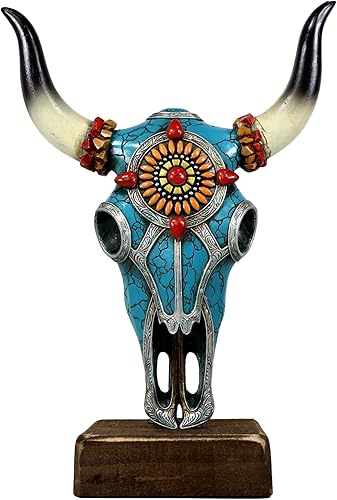 Ebros Gift Cabeza de cráneo de vaca de búfalo de búfalo de buey de 13 pulgadas de alto occidental con mosaico, turquesa, oro y rojo, diseño de