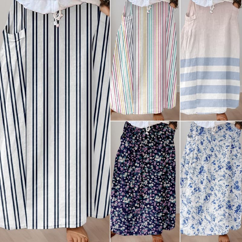 Women's Boho High Elastic Waist Maxi Skirt Summer Casual Flowy Floral Print Loose Long Skirts with Pockets3