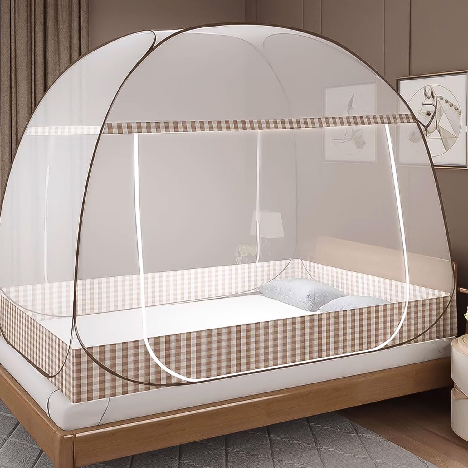 Zanzariera pieghevole per letto - Portatile per viaggi, Pop-Up a doppia porta, grande per camera da letto, all'aperto, campeggio, picnic (Marrone, 190x100x100 cm)