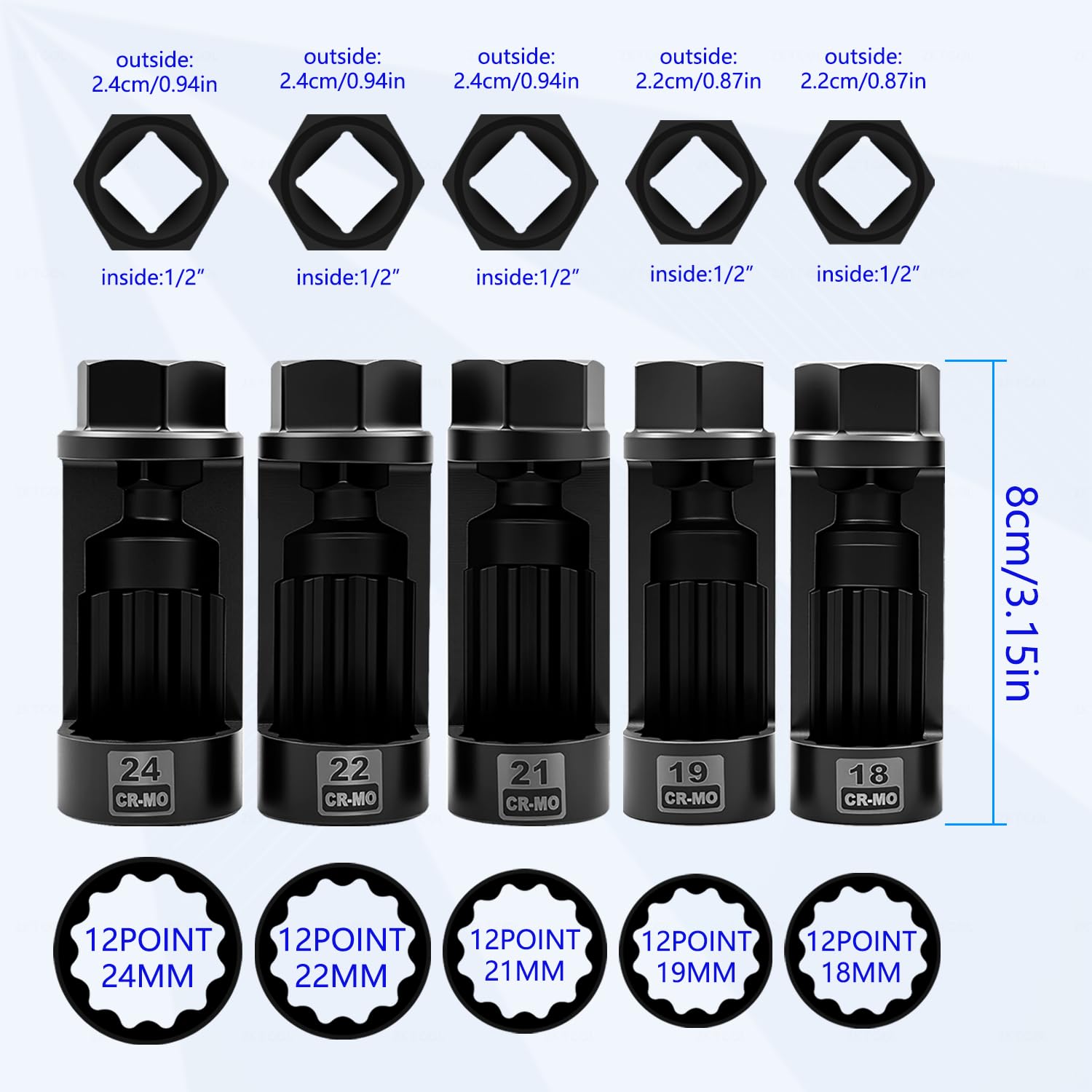 ZKTOOL 081 zestaw gniazd nasadowych z nakrętką napinającą 18 mm 19 mm 21 mm 22 mm 24 mm
