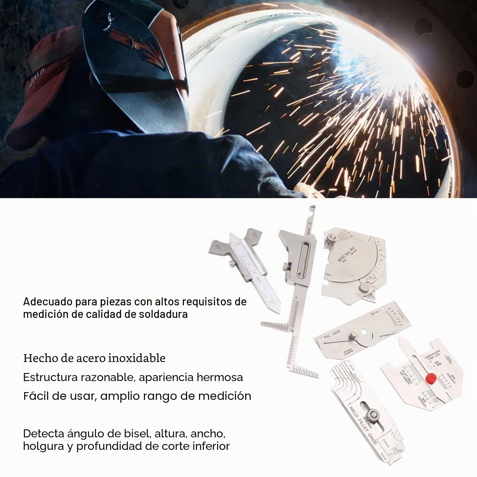 6Pcs Juego de Galgas Soldadura, Calibradores de Soldadura de Filete Herramienta de Medición de Ángulo