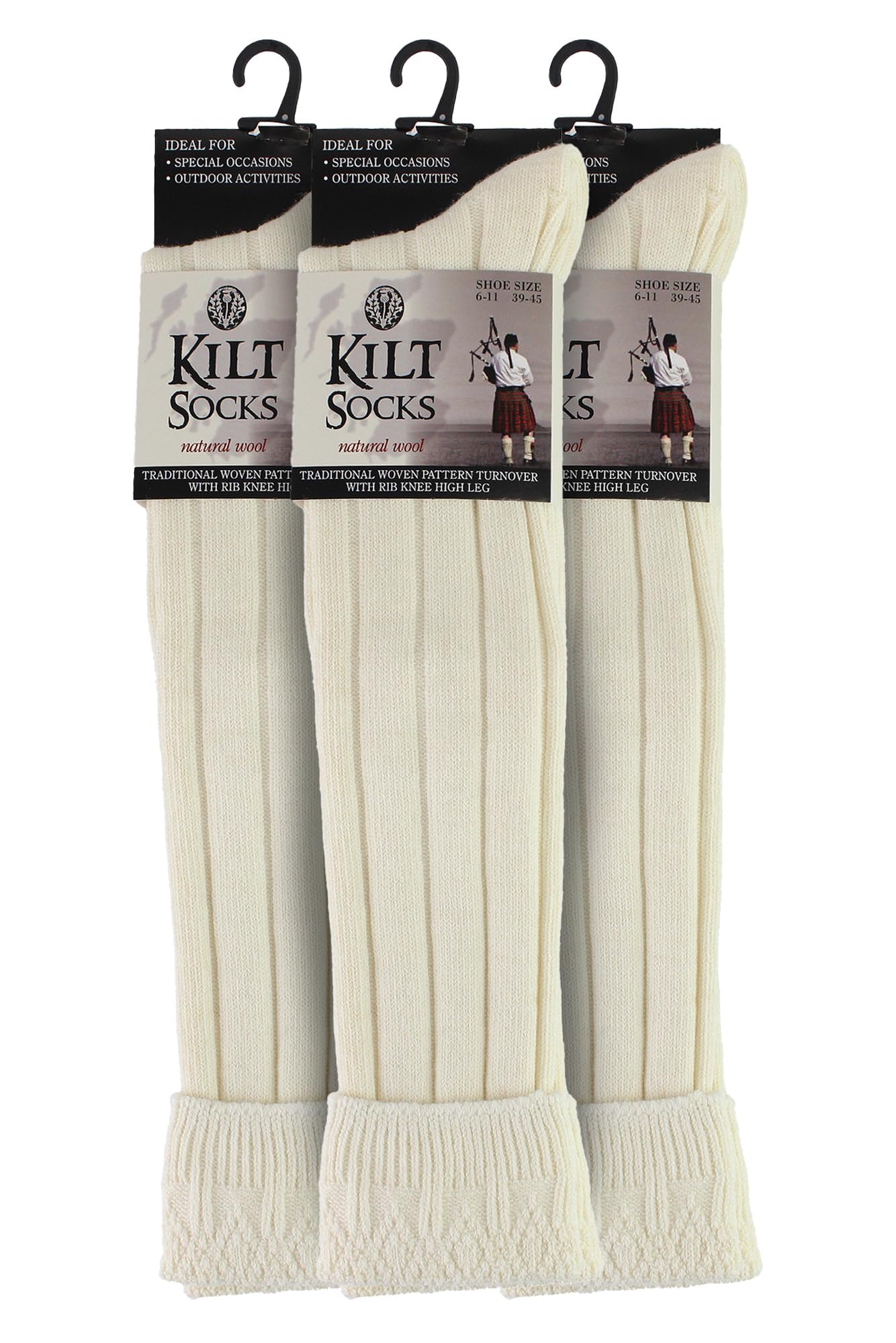 Sock Snob 3 Paires Homme Chaussettes Kilt Chaussettes Longues Côtelées en Couleur Crème