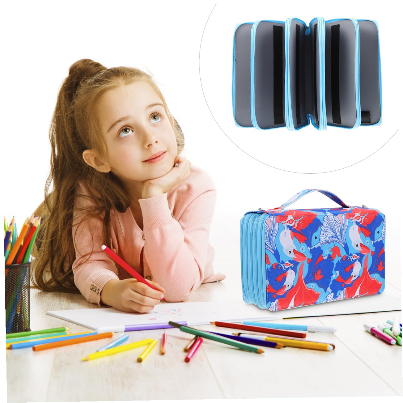 Ciieeo Astuccio Portamatite Multistrato, Grande Capacità, 360 Elastici, Maniglia e Cerniera, Oxford, per Scuola e Lavoro All’aperto