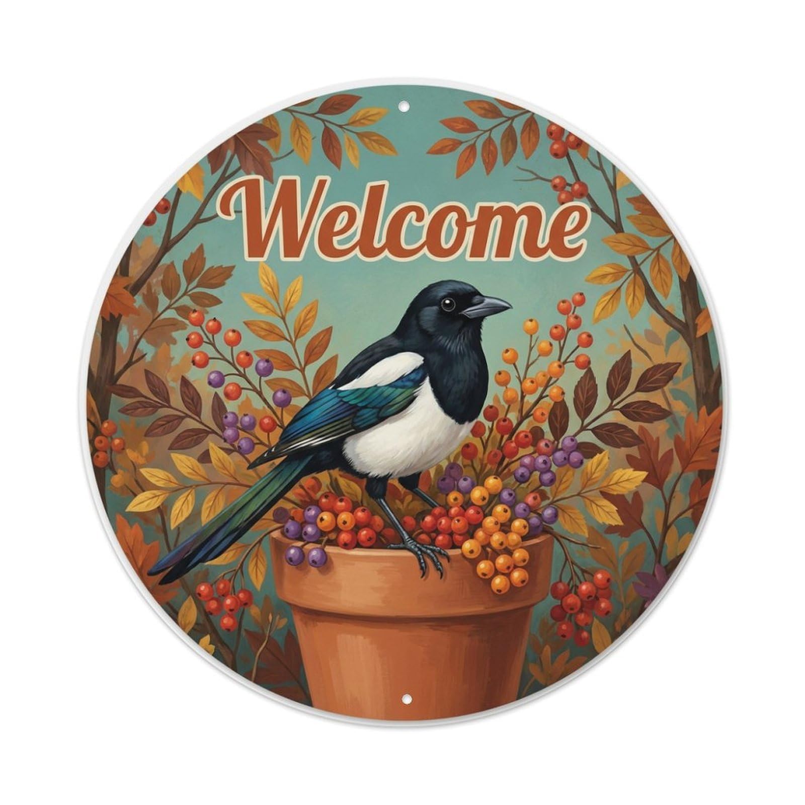 Metal Tin Sign Welcome Magpie Autumn Branch