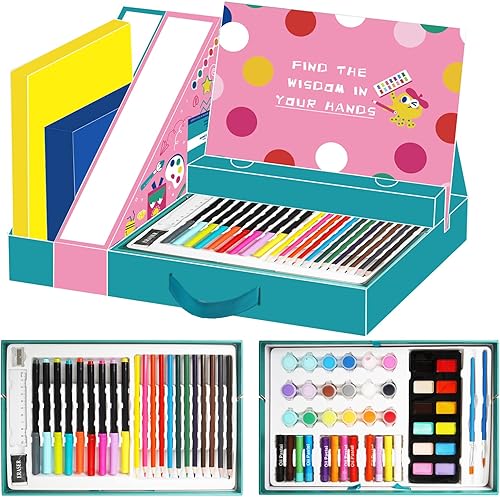 KIDDYCOLOR 211 piezas de suministros de arte para niños, kit de arte portátil de pintura y dibujo para niños con pasteles al óleo, crayones, lápices