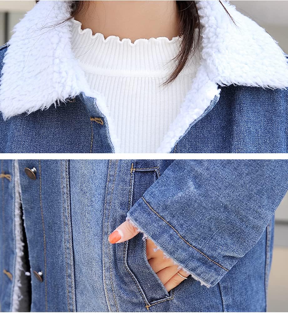 chouyatou Women's Winter Faux Fur Collar Sherpa Lined Long Denim Coat Trucker Jacket - Image 6