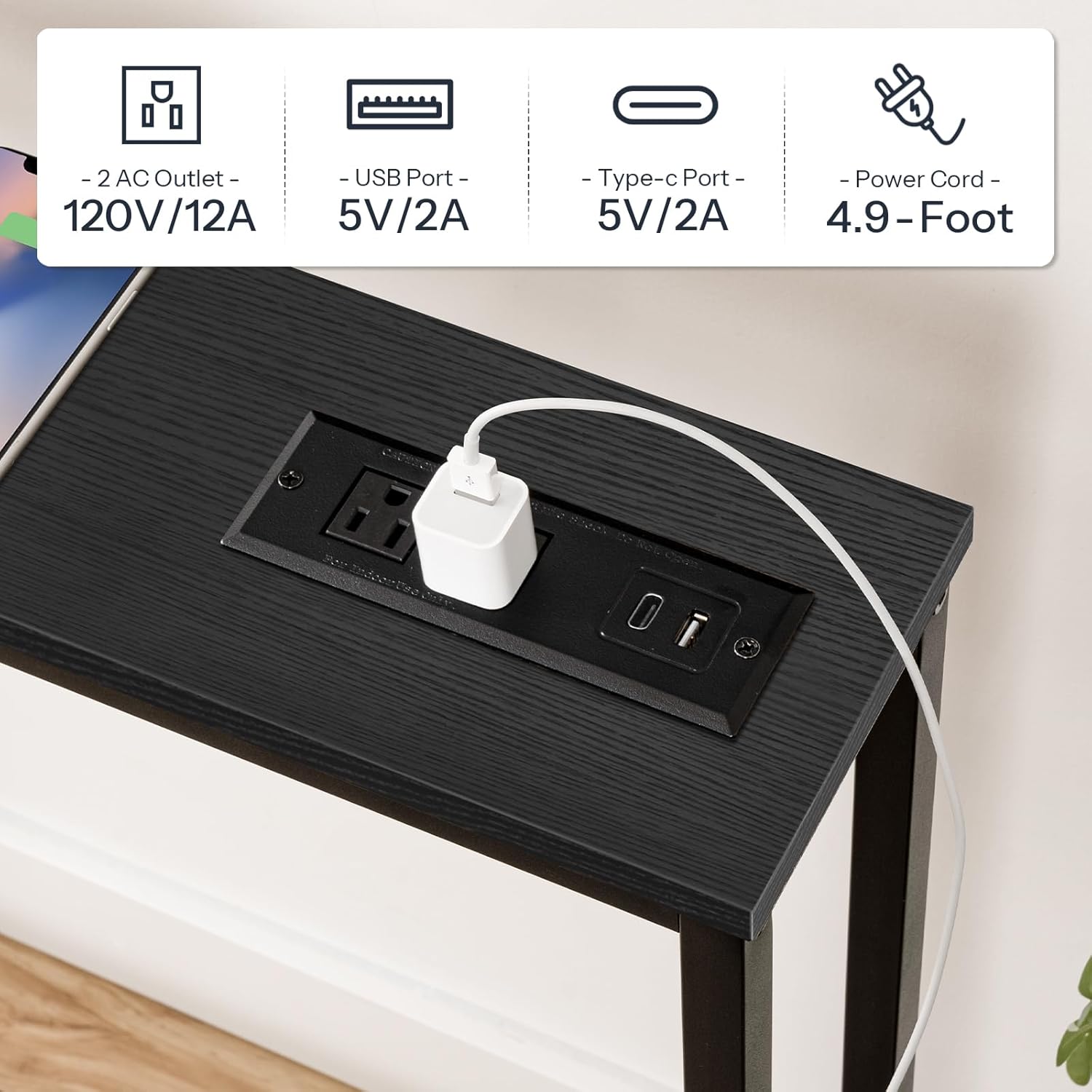 Close-up of the charging station with 2 AC outlets, 2 USB ports, and 1 Type-C port, with a 4.9-foot power cord.