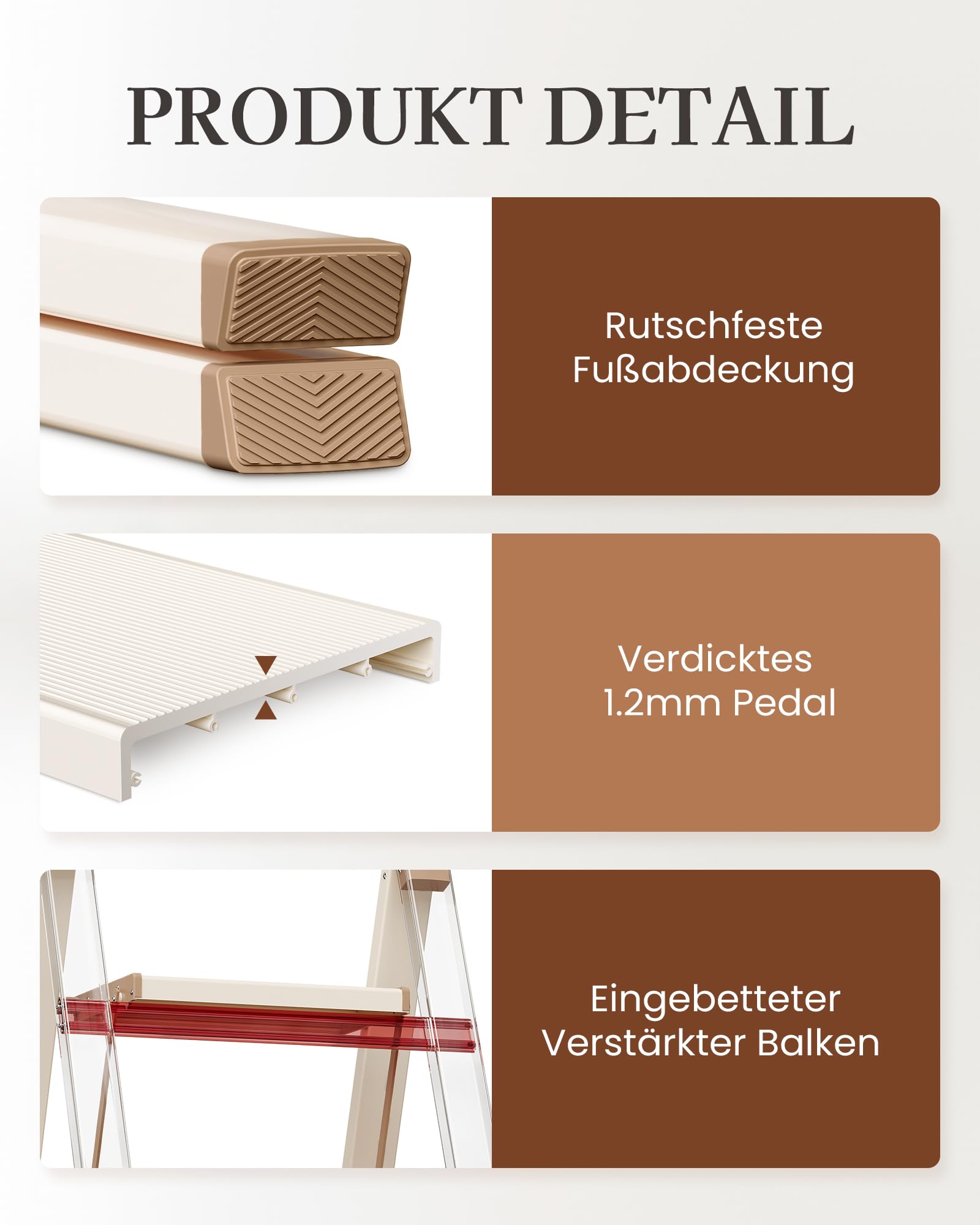 3 Stufen Leiter, klappbarer Tritthocker mit breitem Anti-Rutsch-Pedal, leichtes und dennoch stabiles Aluminiummaterial, 150 kg Tragkraft, für Innen- und Außenbereich, Sahne Schokolade
