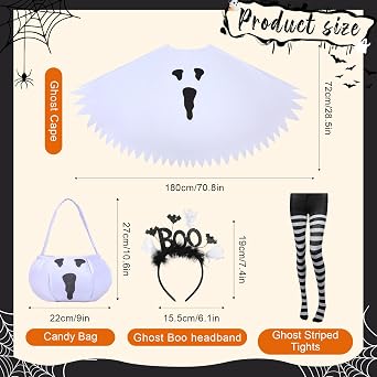 4 PCS Halloween Costume Set for Women Adult Ghost Costume, Ghost Poncho, Candy bag Headband and Nylon Striped Tights for Halloween Cosplay Party