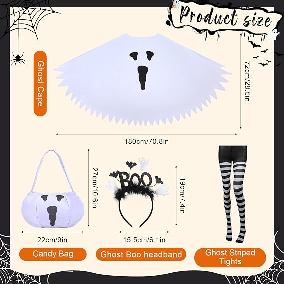 4 PCS Halloween Costume Set for Women Adult Ghost Costume, Ghost Poncho, Candy bag Headband and Nylon Striped Tights for Halloween Cosplay Party