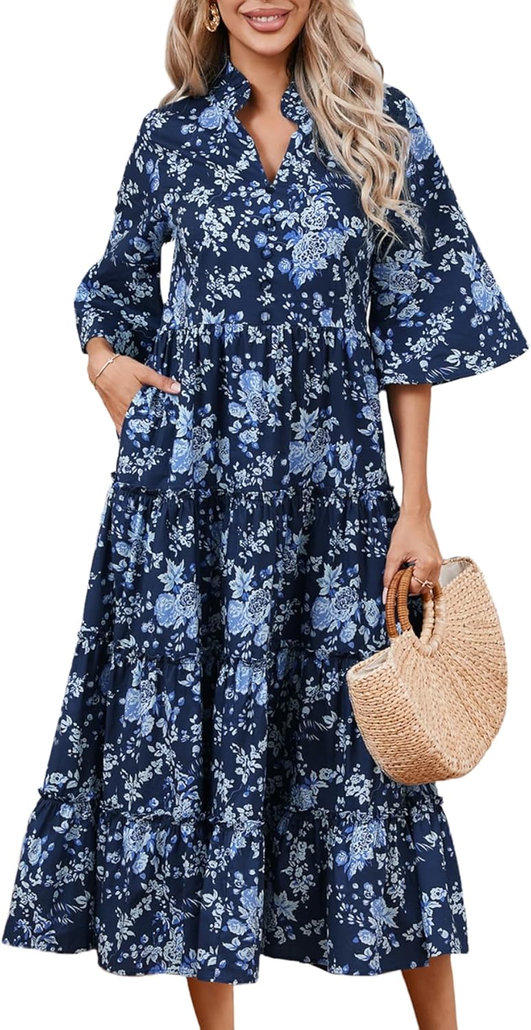 Women's Floral Ruffle Midi Dress V Neck Bell Sleeve Flowy Tiered Long Dress