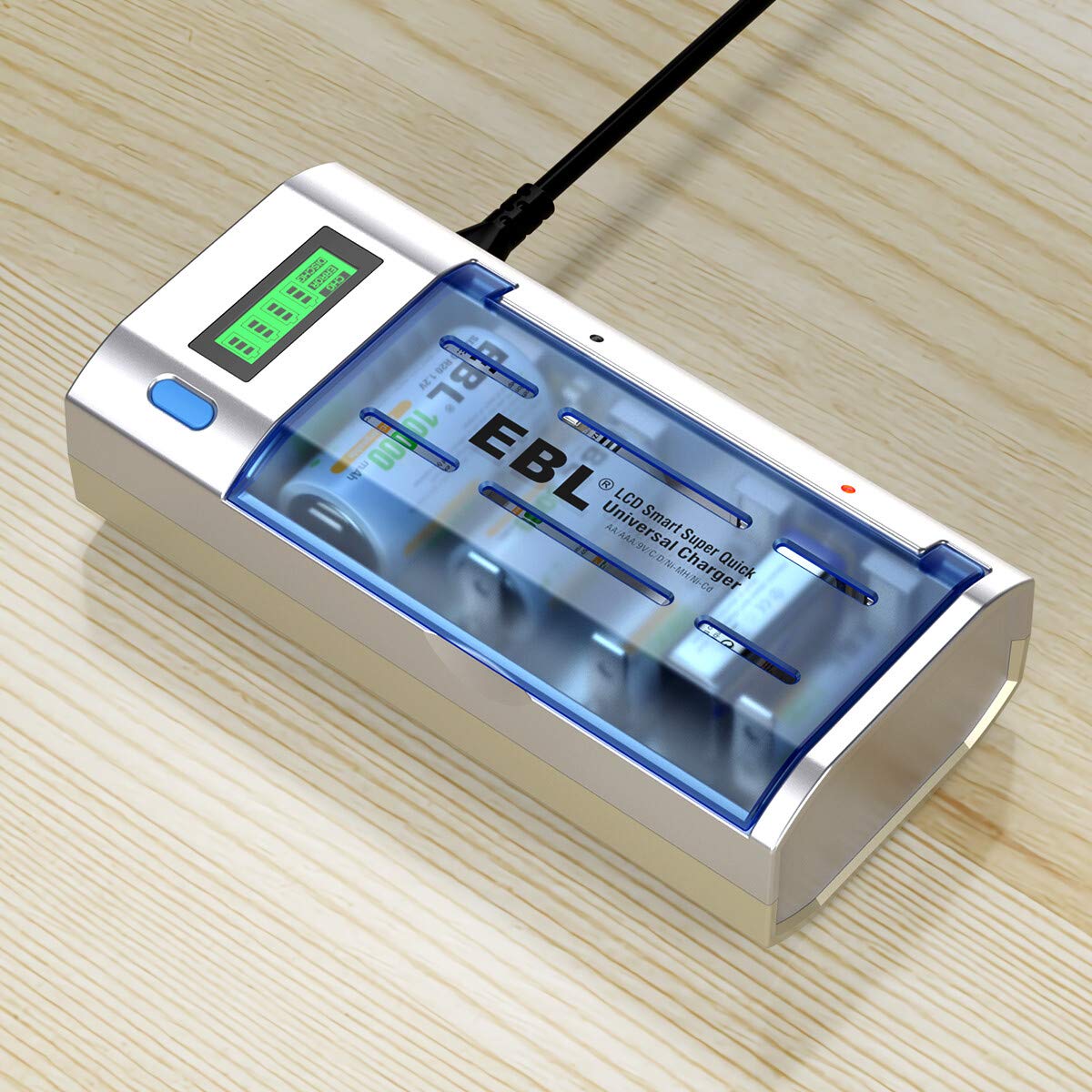 EBL charger with batteries inserted and plugged into power