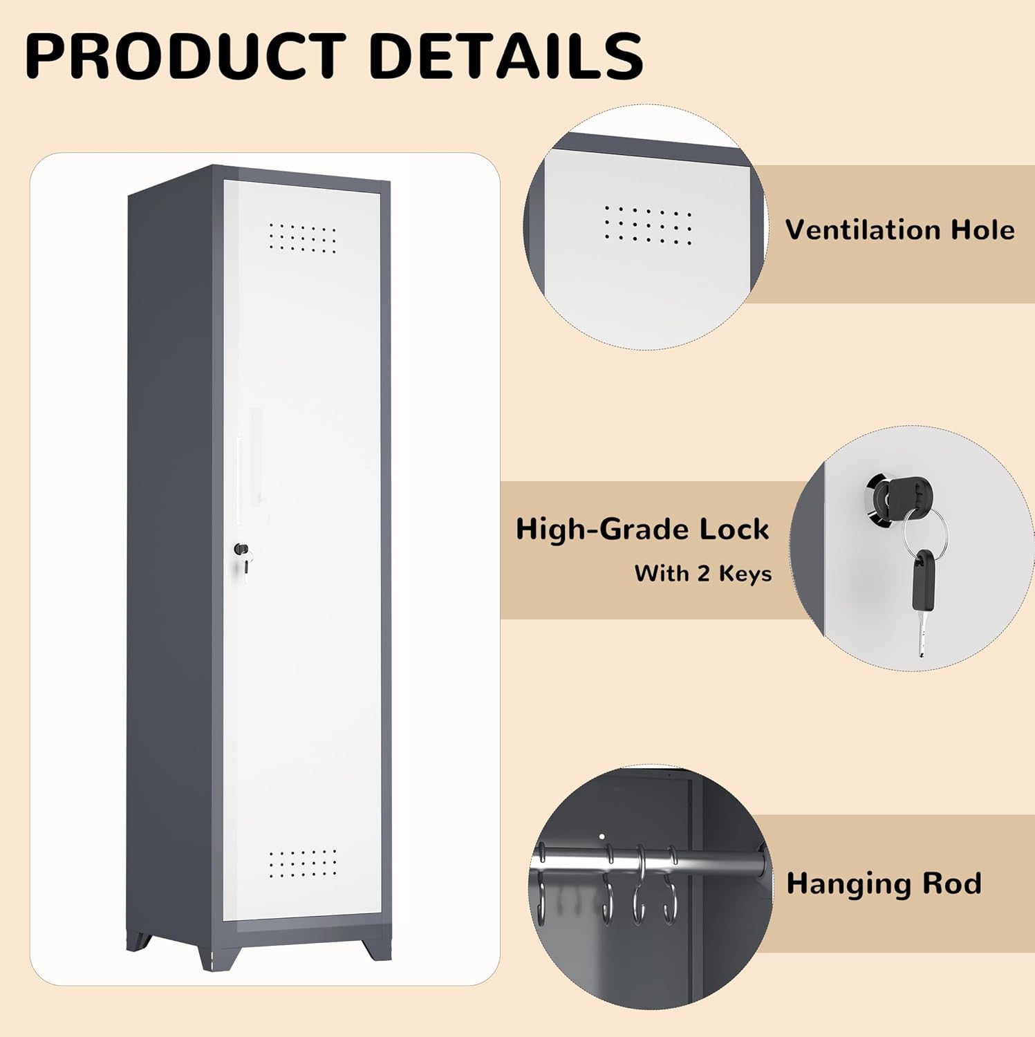 IRONFFICE Broom Closet Storage Cabinet,Slim Laundry Cabinet,Narrow Utility Closet with Hanging Rod for Garage,Living Room,Grey-White