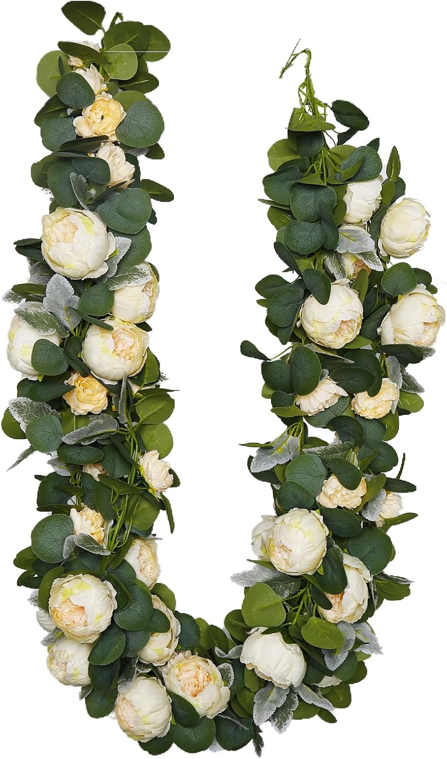 6Pcs 35.4Ft Peony Garland Artificial Flowers Faux Eucalyptus Garland with Flowers Vine Greenery Garland for Table Wedding Arch Hanging Home Decor Wall Backdrop Party (Champagne)