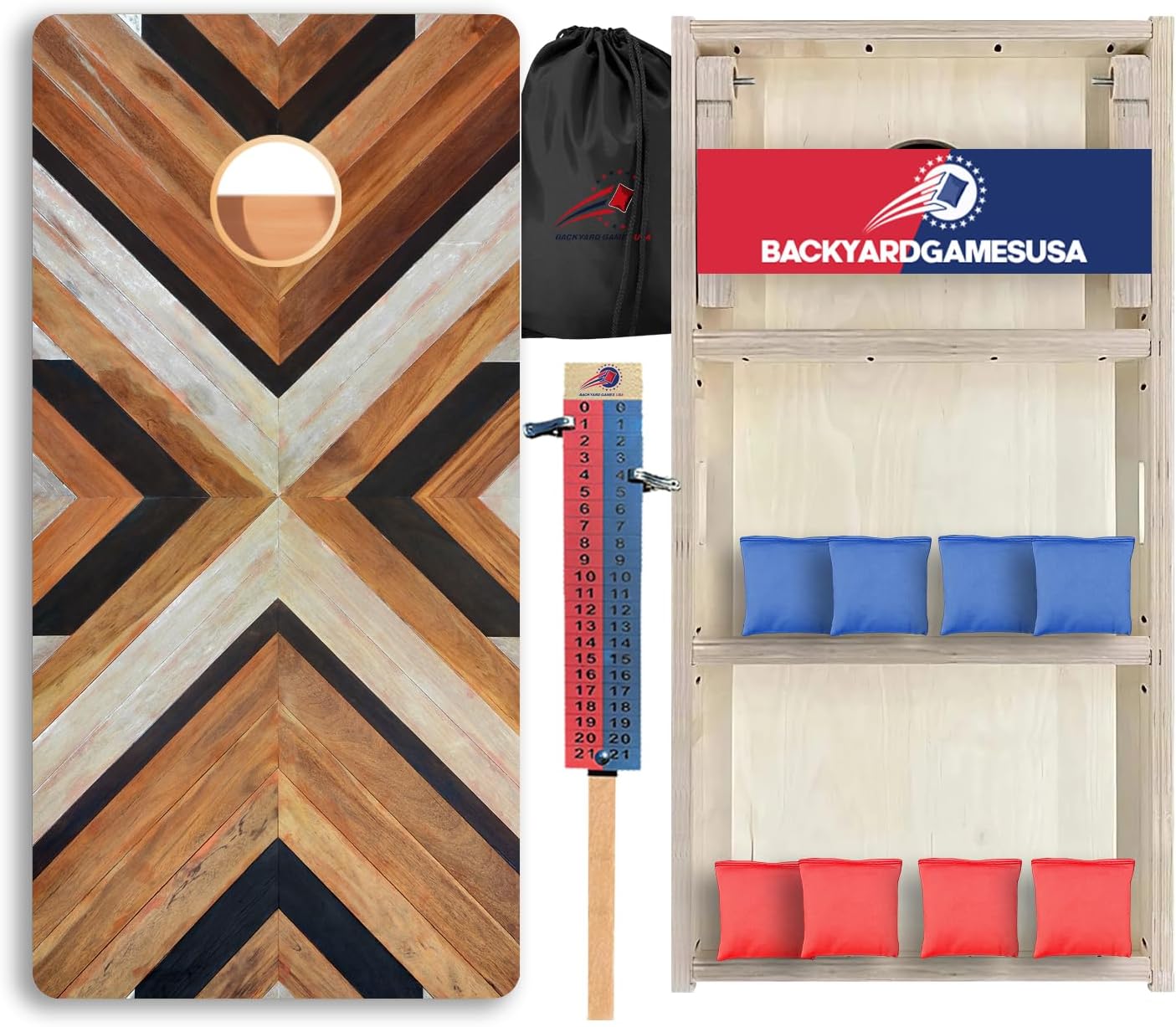 CornholeGamesUSA Pro Cornhole Boards Set | Made in USA | 3/4 Baltic Birch | No Bounce | Triple Thick Legs | Two Brace & Handles, Tournament 2x4 Regulation Set with Score Tower & Cornhole Bags