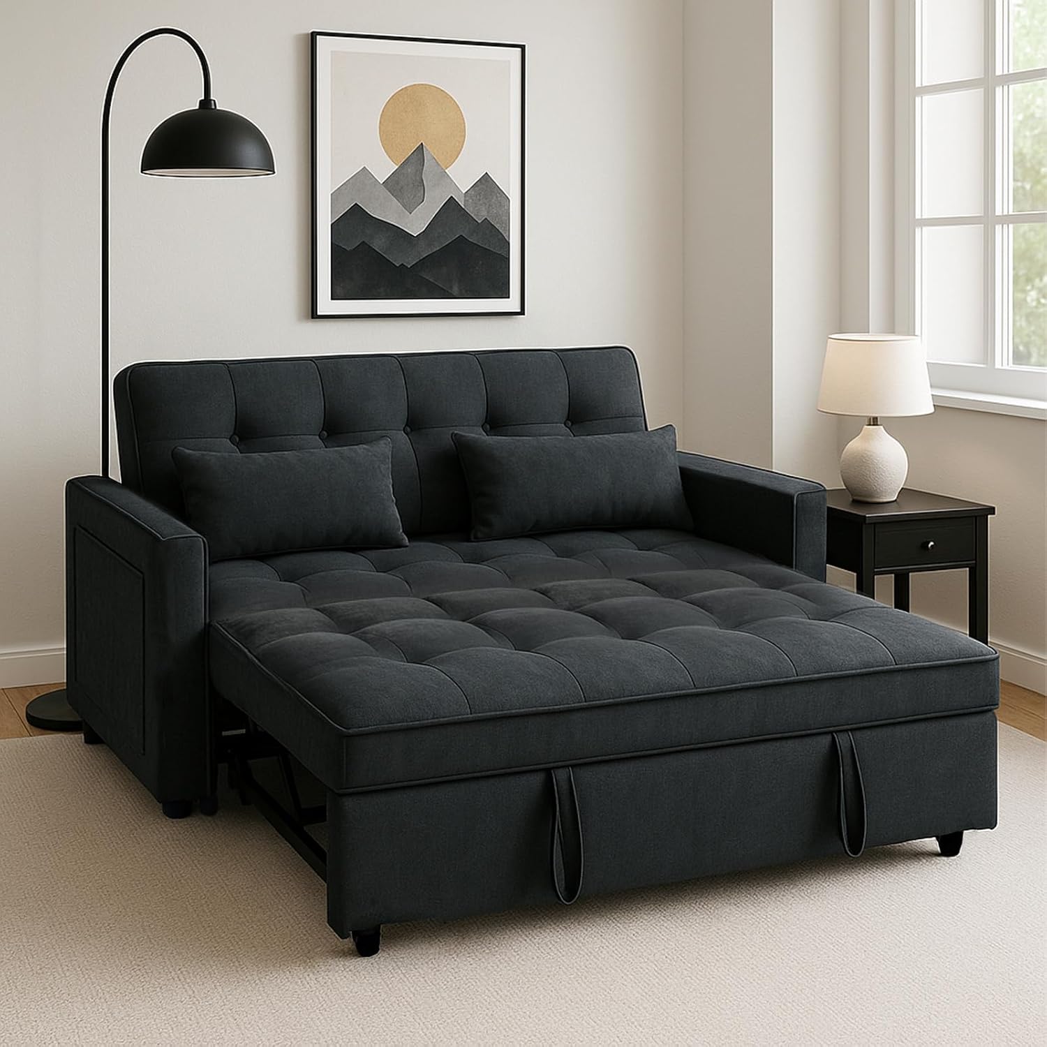 Pull-Out Convertible Loveseat Sleeper – 3 in 1 Black Velvet Futon Sofa Bed, Love Seat Couches for Living Room Apartment, 2-Seater Sofa Bed for Small Spaces with Side Pockets & Modern Style