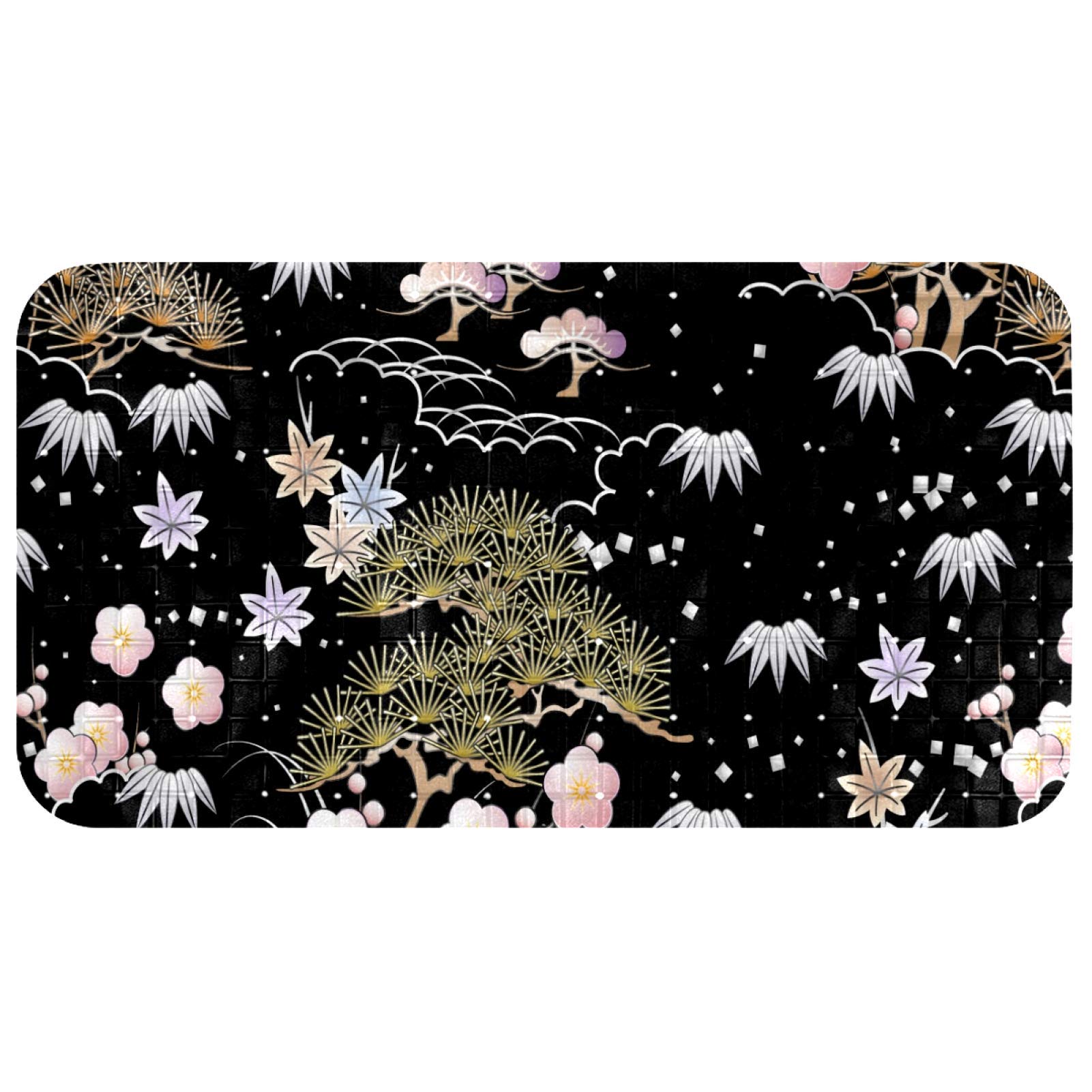 Alfombrilla de baño para ducha familiar segura, diseño ovalado negro con flores decorativas
