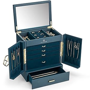 Vlando Vlando Joyero grande vintage de 6 niveles, organizador de joyas grande XXL con espejo, cajones, almacenamiento de joyas para mujer, joyero para pendientes, cadenas, relojes