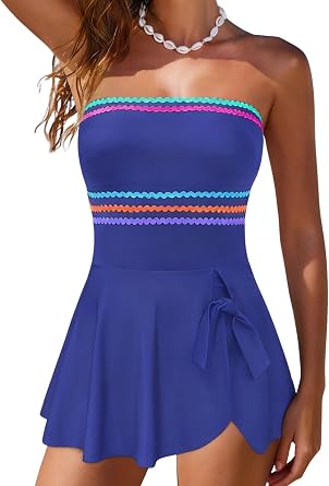 popvil Strapless One Piece Swimsuits for Women 2026 Tummy Control Swim Dress Bandeau Bathing Suit with Colorful Trim Cute Bow