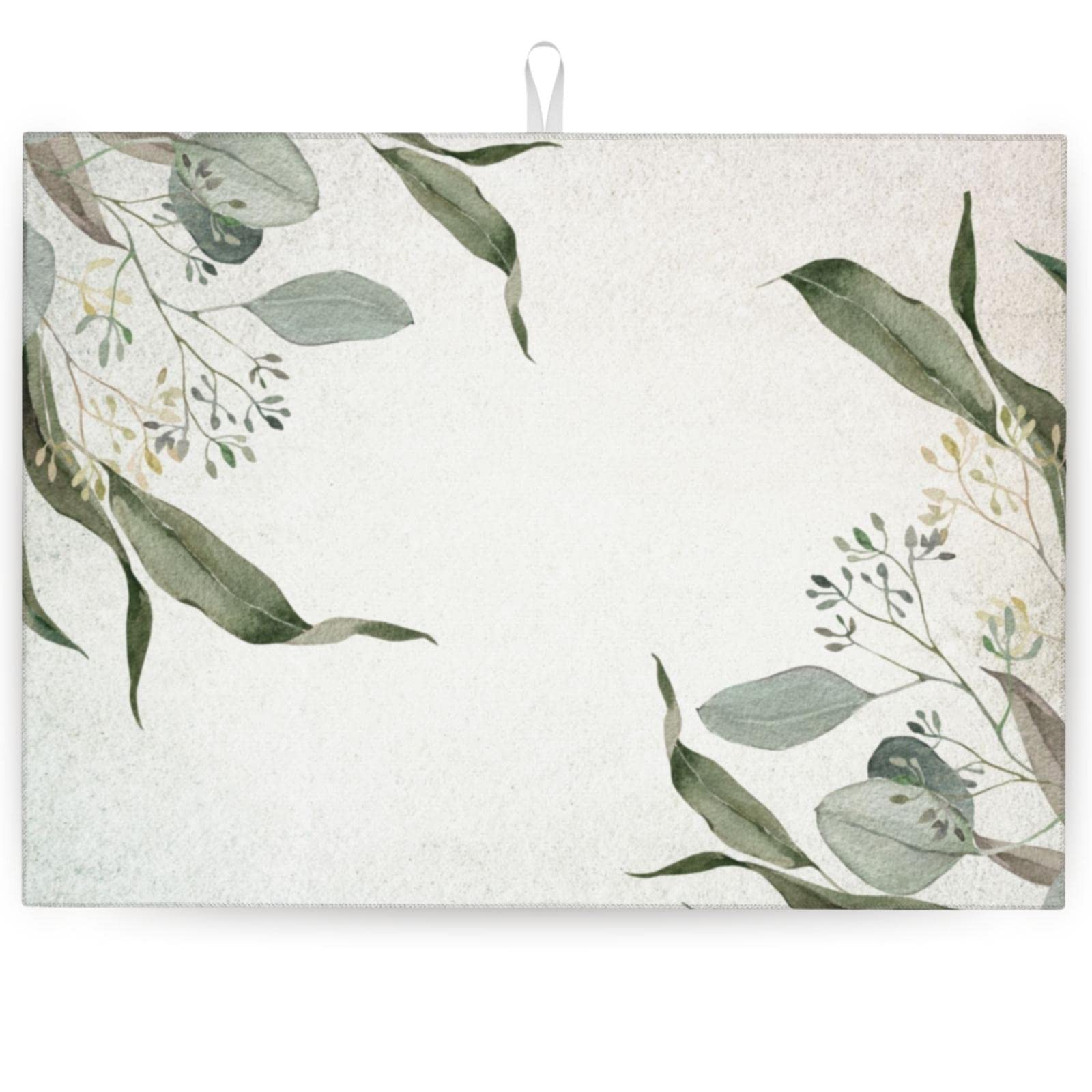 Large Boho Leaves Dish Drying Mat 18''x24'', Big Microfiber Absorbent Dish Mat Drying Kitchen Mat for Kitchen Counter, Watercolor Green Plants Dish Drying Mats/Drying Pad for Dish Drainer/Dish Rack