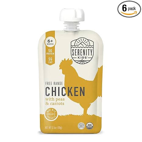 Serenity Kids 6+ Months Baby Food Pouches Chicken Puree - BPA-Free Organic Baby Food - Free-Range Chicken & Pea & Carrot - 3.5 Oz, 6 Pack