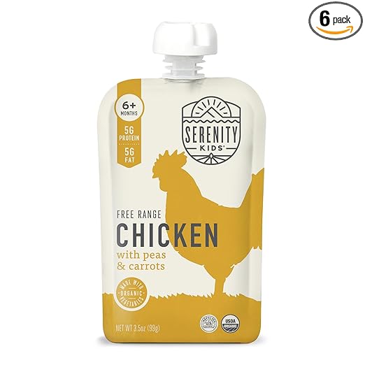 Serenity Kids 6+ Months Baby Food Pouches Chicken Puree - BPA-Free Organic Baby Food - Free-Range Chicken & Pea & Carrot - 3.5 Oz, 6 Pack