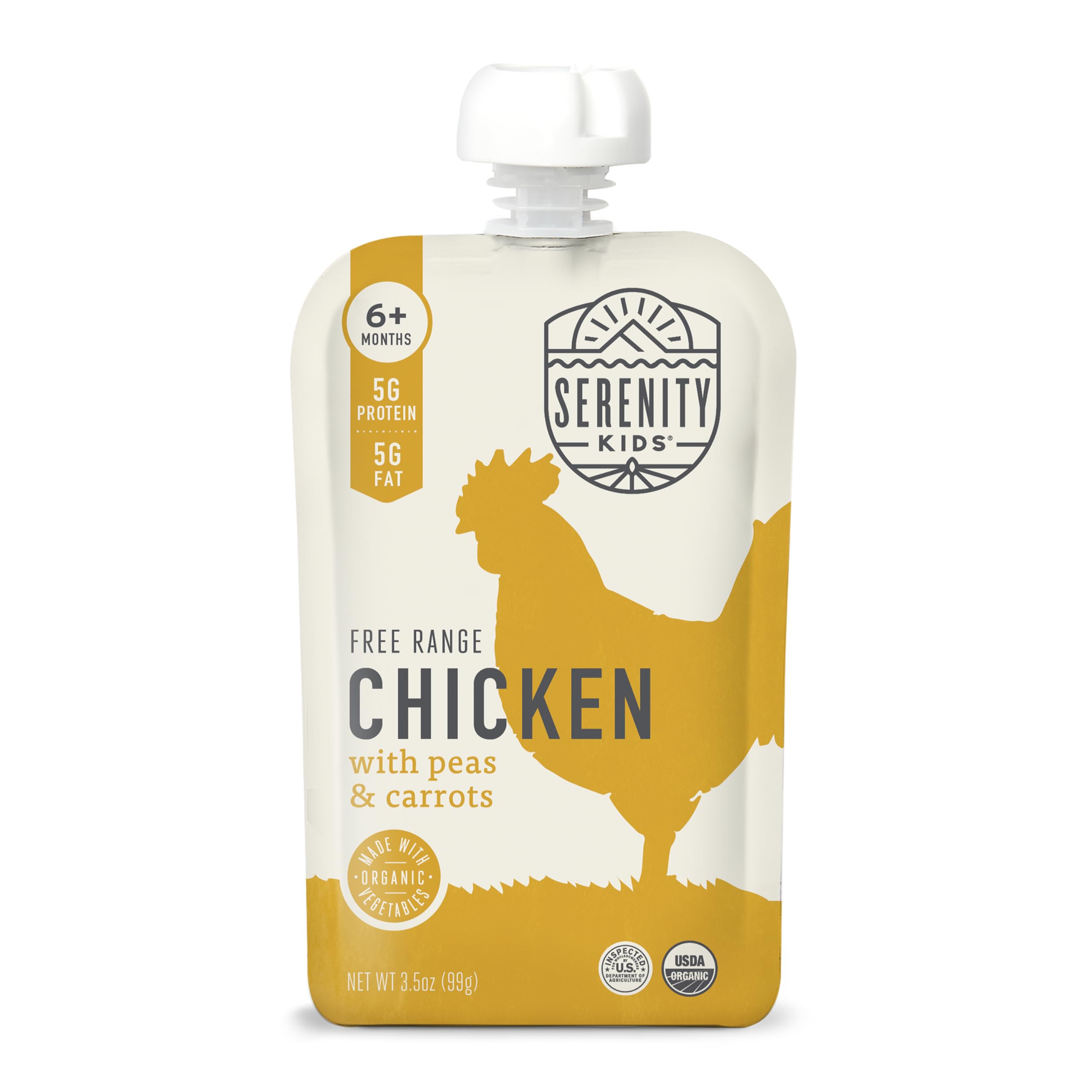 Serenity Kids 6+ Month Baby Food Pouches Puree Made With Ethically Produced Meats & Organic Vegetables | 3.5oz BPA Free Pouch | Free Range Chicken, Pea, Carrot | 1 Count