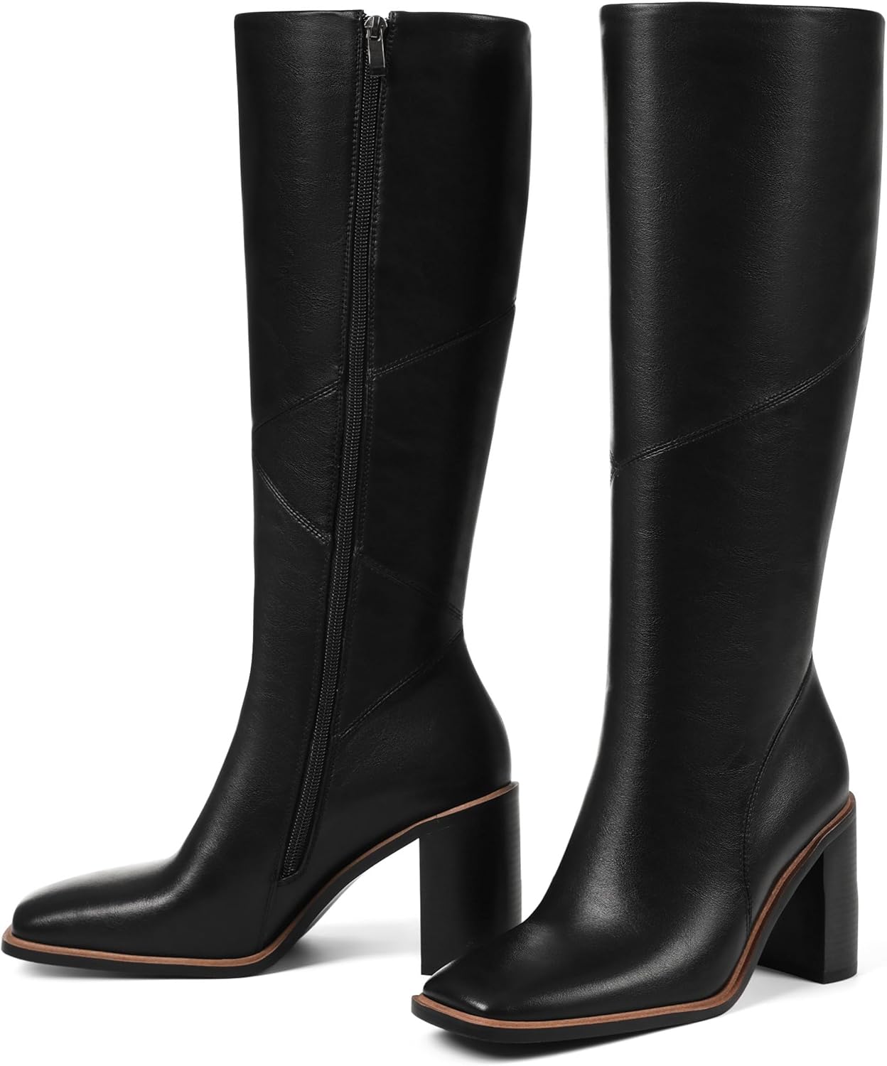 Womens Knee High Boots-Waterproof Square Toe Chunky Block Heel Leather Boot,Wide Calf Botas Para Mujer Slip Resistant Zip Up Long Boots