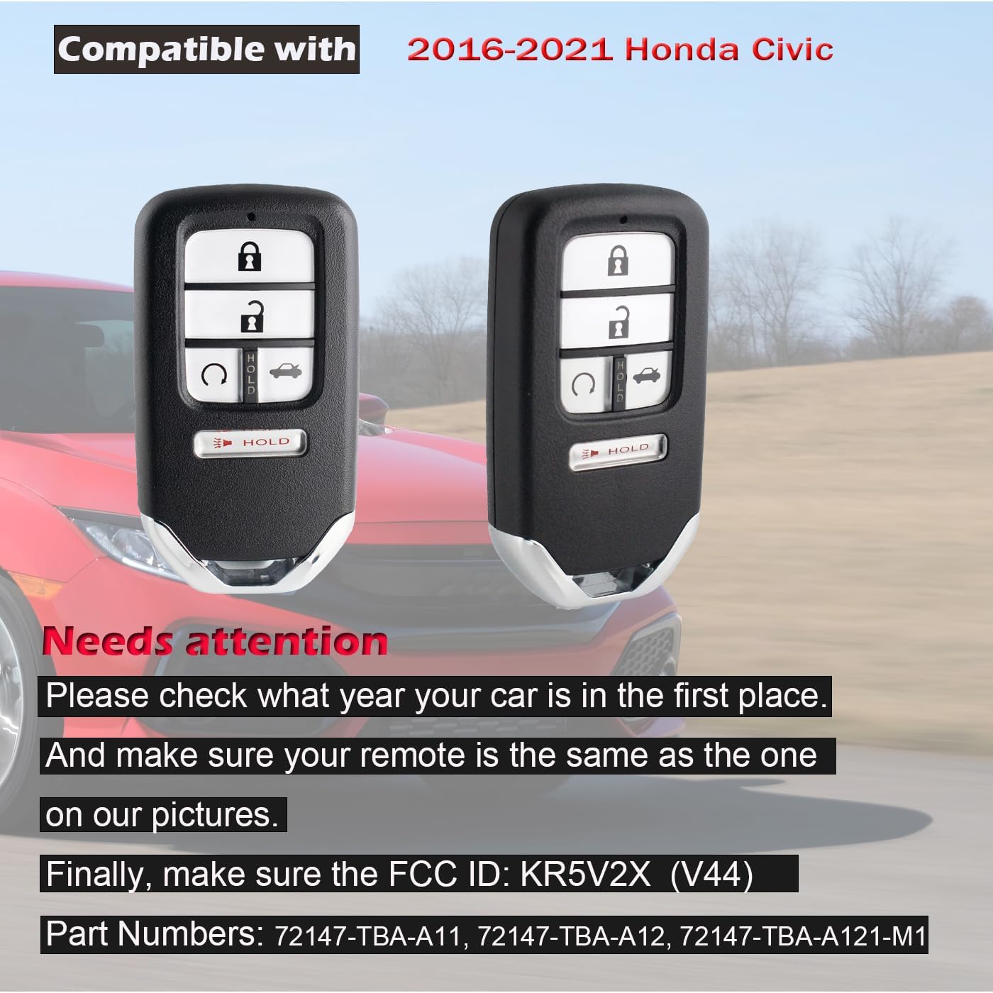 Key Fob Remote Replacement Compatible with Honda Civic 2016 2017 2018 2019 2020 2021 Smart Keyless Entry Remote Car Key KR5V2X(V44)，72147-TBA-A11