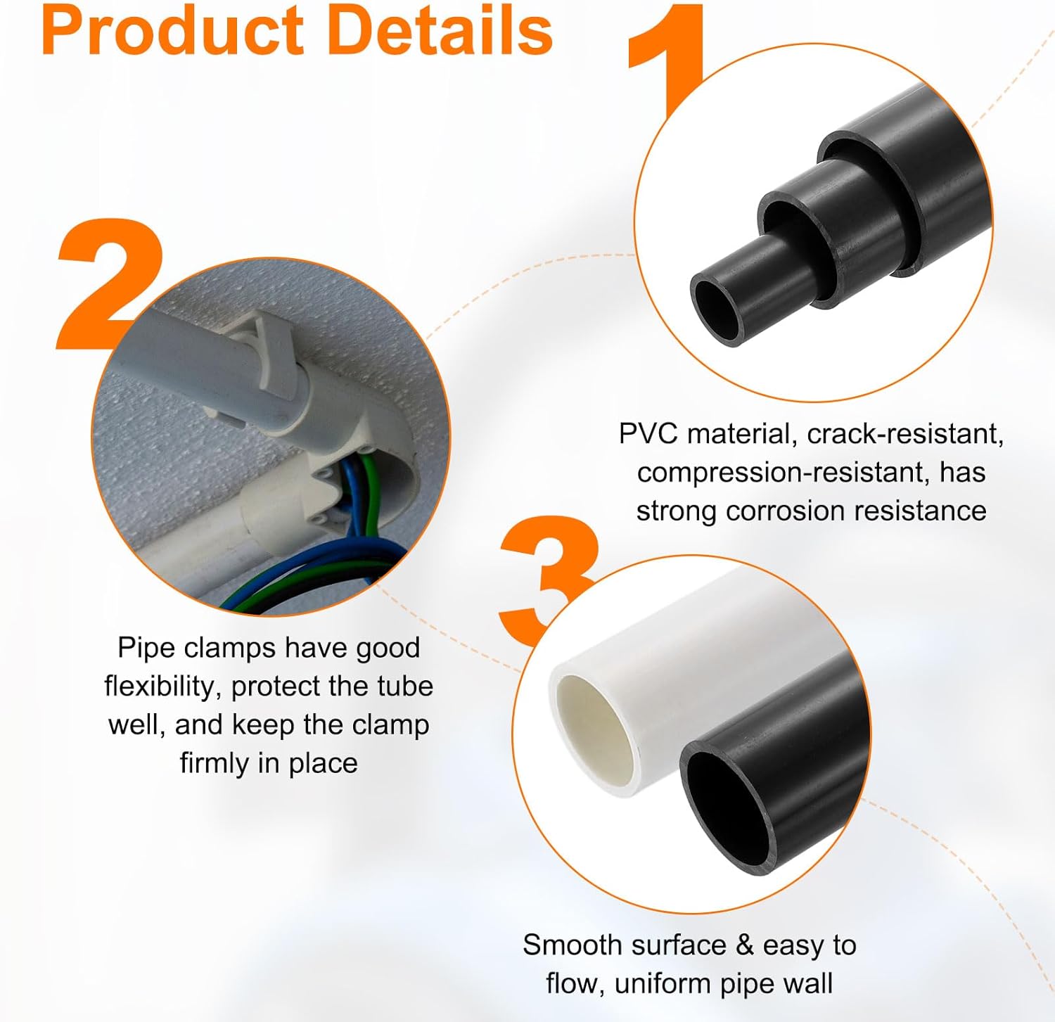 uxcell 2Pcs PVC Rigid Tube, 500mm Length Round Pipe Tubing, 36mm ID 40mm OD Plastic Tubes with Clamp for Aquarium, Water Cooling System, Cable Sleeve, Dark Gray