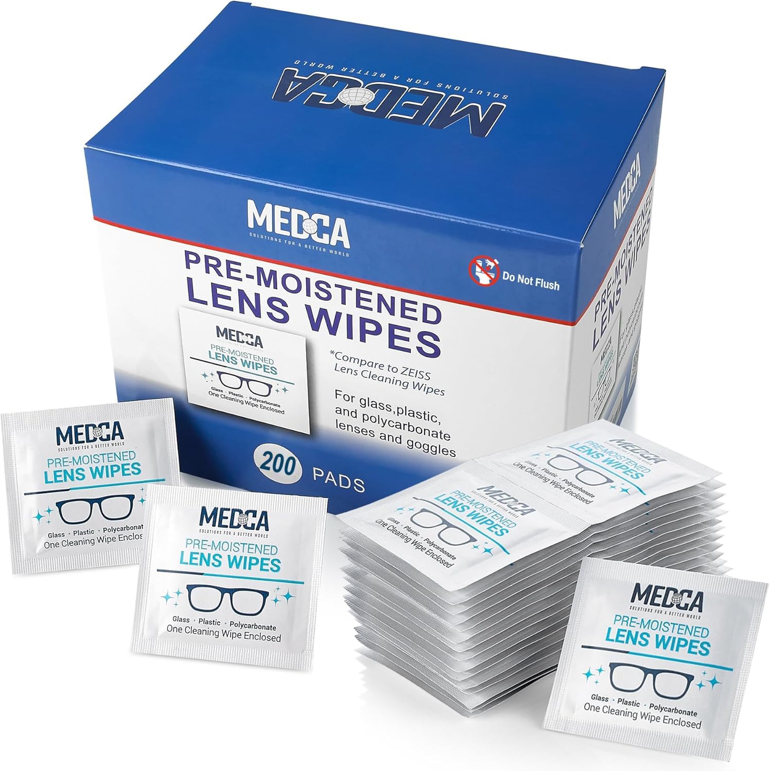 MEDca Lens Cleaning Wipes [210 Pack] Pre Moistened Cleansing Cloths Individually Wrapped Eyeglass Cleaner Wipe Pads for Phones, Tablet Screens, Helps Clean Cameras, Electronics, Photo Lens Optics