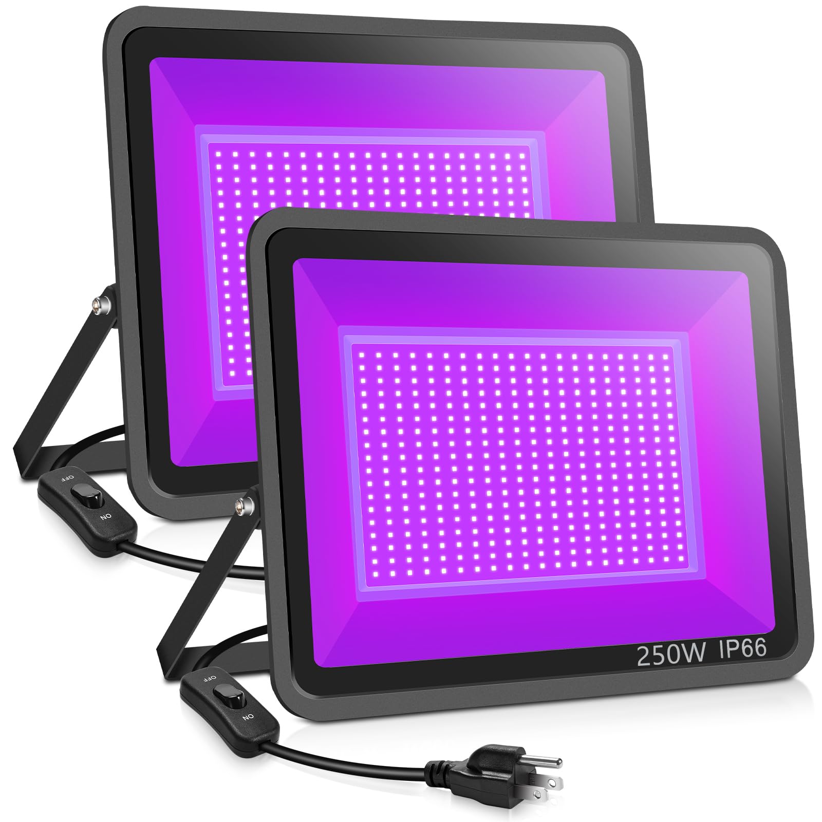XYCN 2 Pack 250W LED Flood Black Lights, Outdoor Flood Blacklight Light with Plug, IP66 Waterproof forGlow in The Dark, Dance Party, Stage Lighting, Body Paint, Fluorescent Poster, Neon Glow