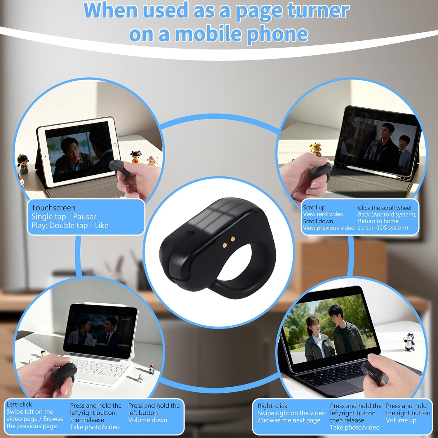 Mini Bluetooth Wireless Mouse Dual Mode Finger & Ring Touchpad Design, Rechargeable with Charging Case for PC, Laptops, Tablets & Smartphones – Ideal for Remote Control, Page Turning,Travel (Black)