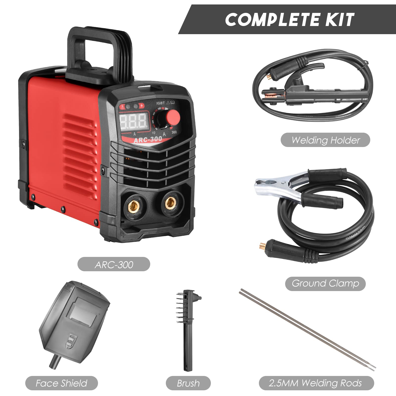 IGBT Inverter Schweißgerät 300A ARC MMA Elektroden Schweißgerät mit LCD Display tragbar 220V inkl. Schweißbrenner Masseklemme Schutzbrille Handschuhe Bürste und Stabelektroden-Rot