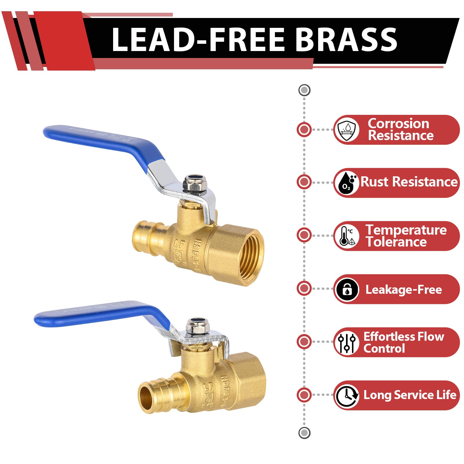 EFIELD - Confezione da 5 valvole a sfera di chiusura in ottone FNPT 1/2" x 1/2", per connessione a tubo Pex-A, ASTM F1960, leva blu, certificazione cUPC