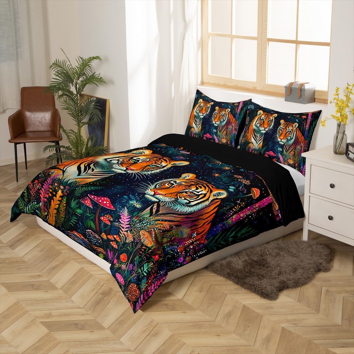 Tiger Print Duvet Cover Set Toddler Size,Wild Animal Dreamy Starry Galaxy Reversible Quilt Cover for Kids Boys Girls Watercolor Mushroom Floral Plant Bedding Set with 1 Pillowcase,No Comforter