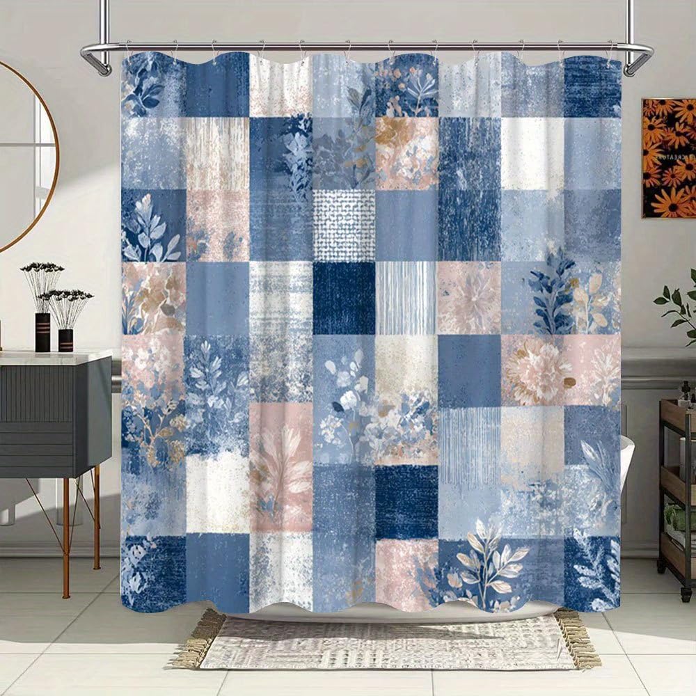 Rideau de douche extra long 200x210 multicolore bleu, rideau de bain floral imperméable avec crochets
