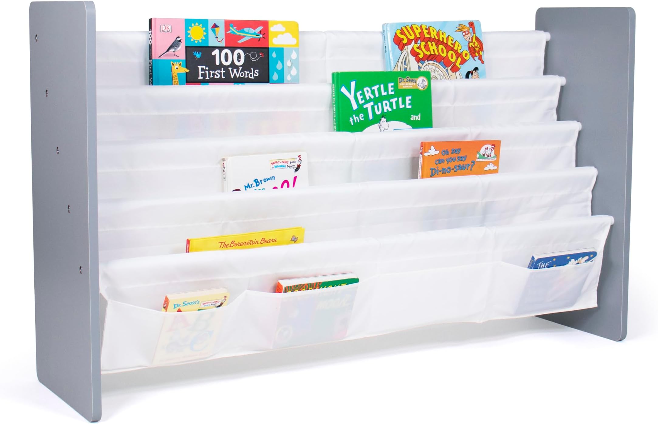 Inspire Extra Large Kids 4-Tier Bookrack with 4 Front Pockets, Toddler Bookshelf Organizer for Small & Large Books, Front-Facing Display Storage, Grey/White, for Nursery & Playroom