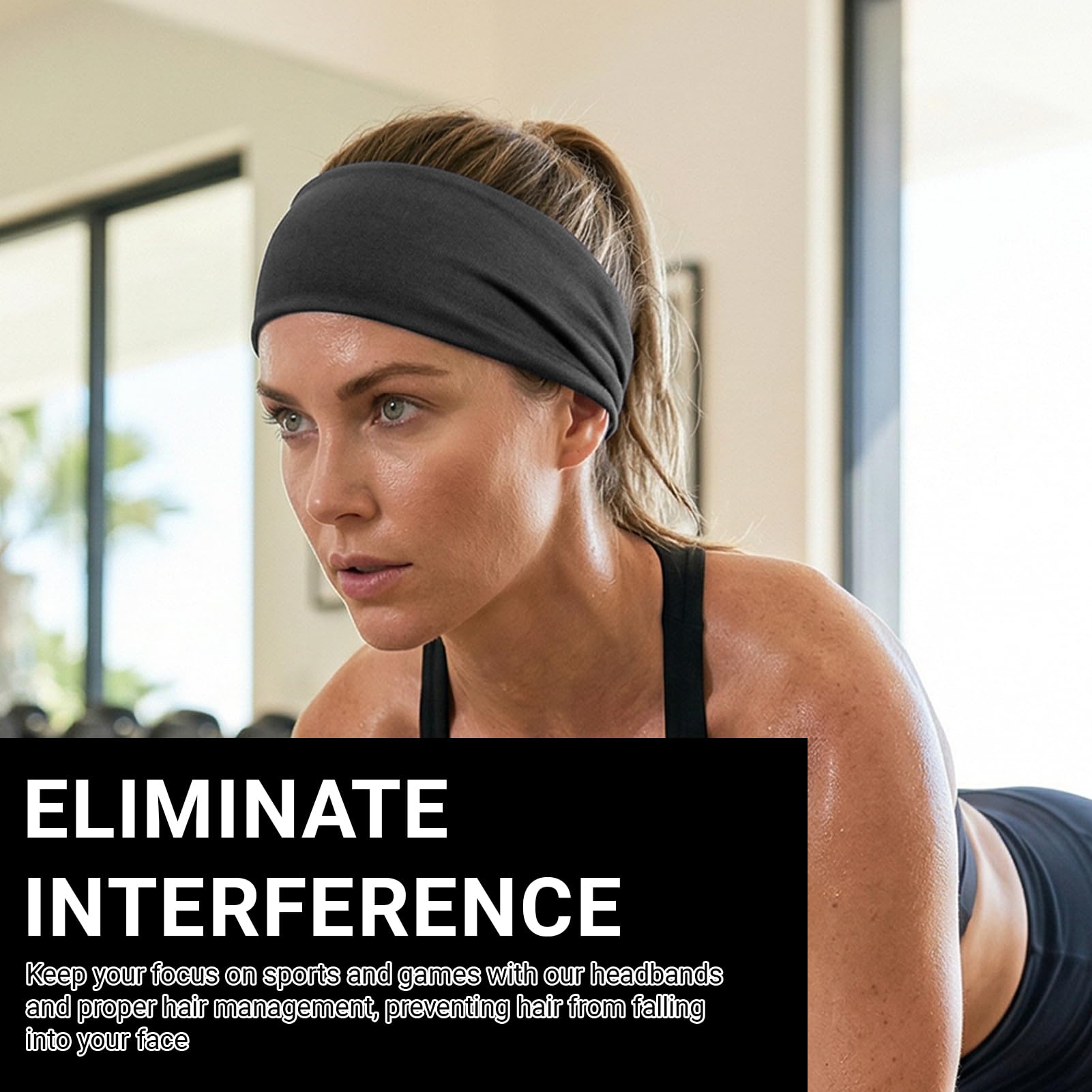 2 Pezzi Fascia Sportiva Donna Uomo, Antiscivolo e Traspiranti, Fascia Elastica per Allenamento per Fitness, Ciclismo, Corsa, Escursionismo e Yoga (Nero) - 5