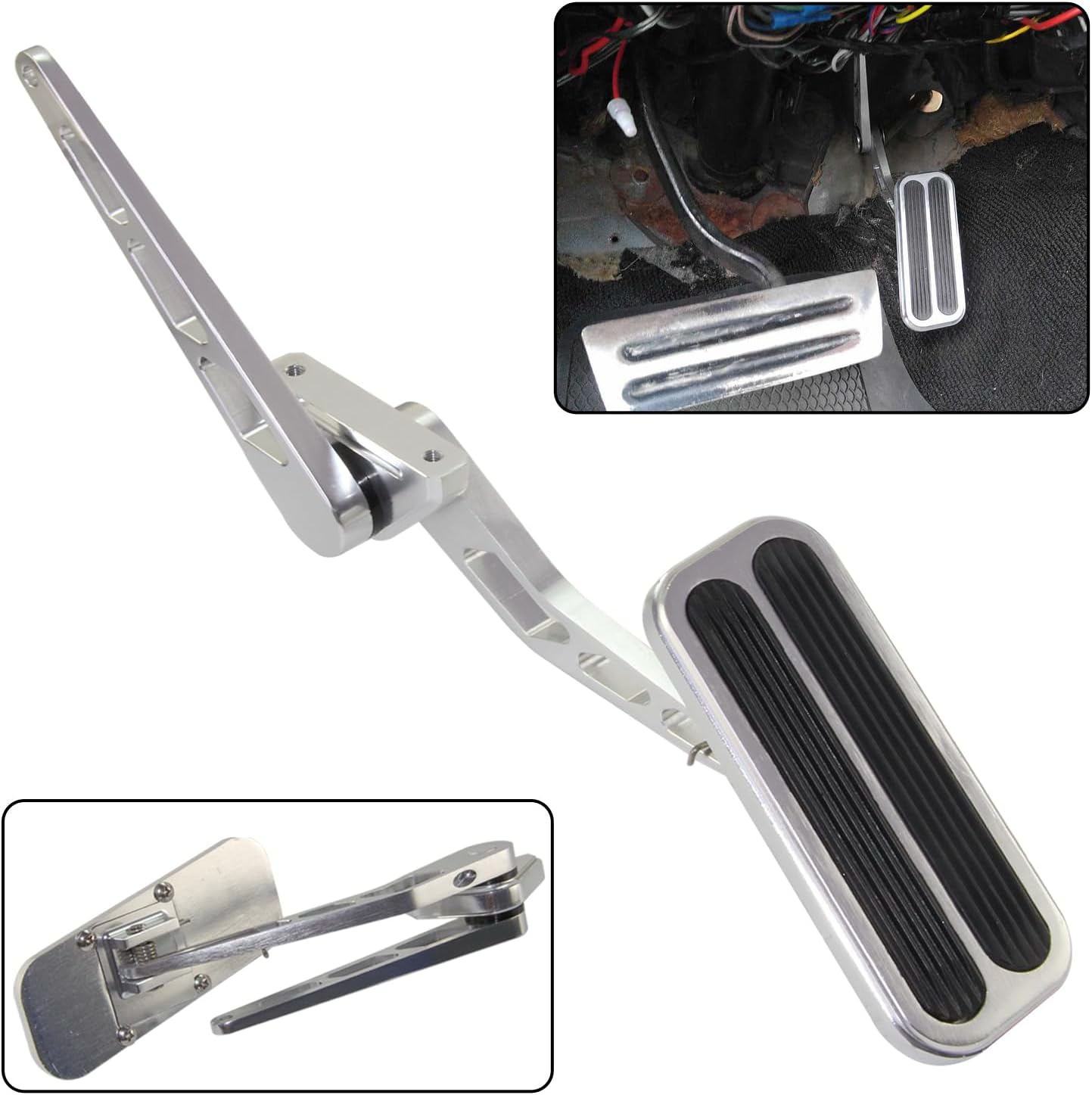 Universal Aluminum Gas Pedal and 24" Stainless Steel Throttle Cable Bracket Spring Kit Hot Rod for Chevy Ford Silver