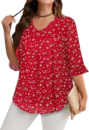 Amrto Plus Size Tops for Women Chiffon Ruffle 3/4 Sleeve Tunic Chiffon Blouses V Neck Casual Shirts XL-5XL