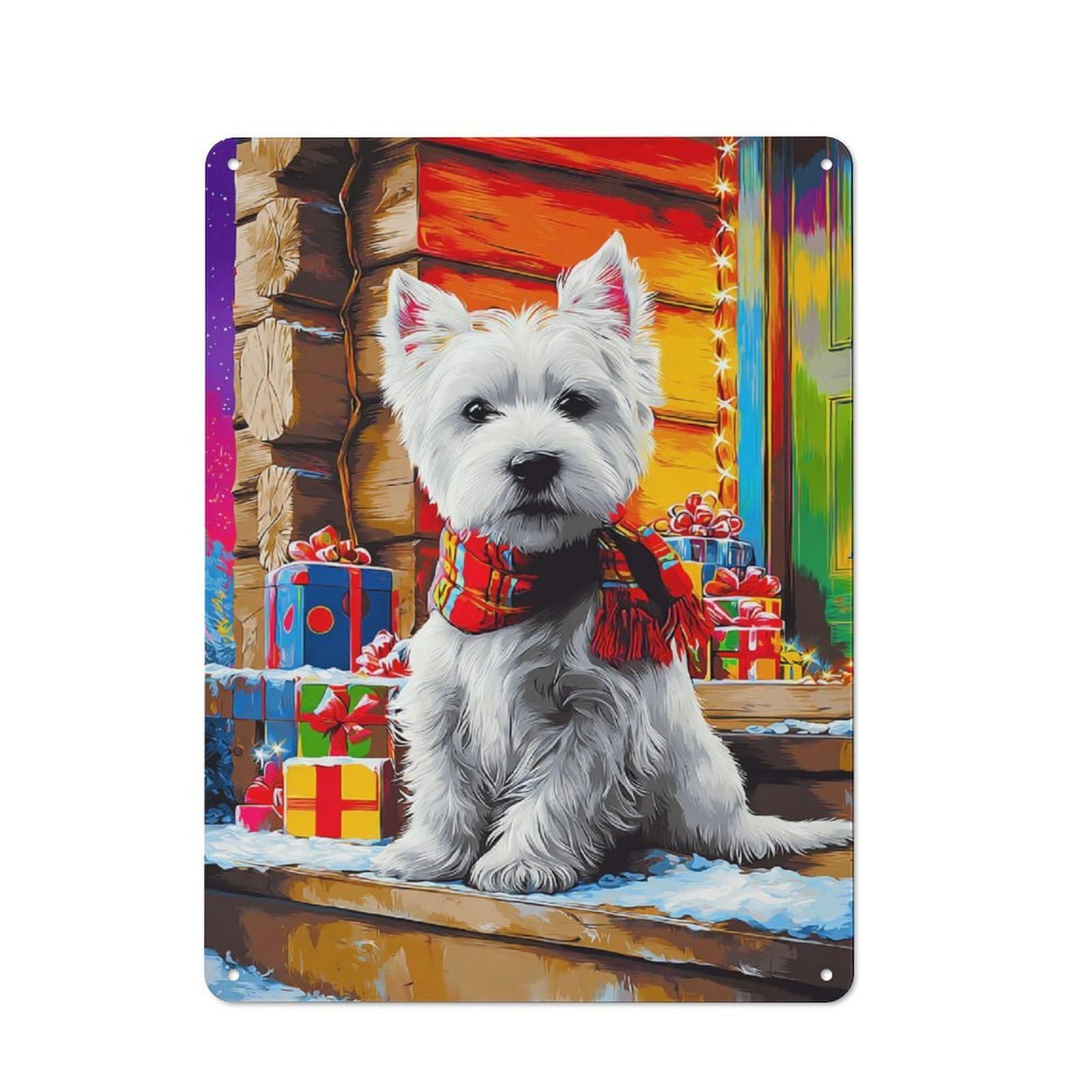 Christmas Westie with Presents -2 Retro Metal Sign 40x30cm, Garage Style Shed Wall Plaque for Garage, Hobby Room, Office Or Man Cave