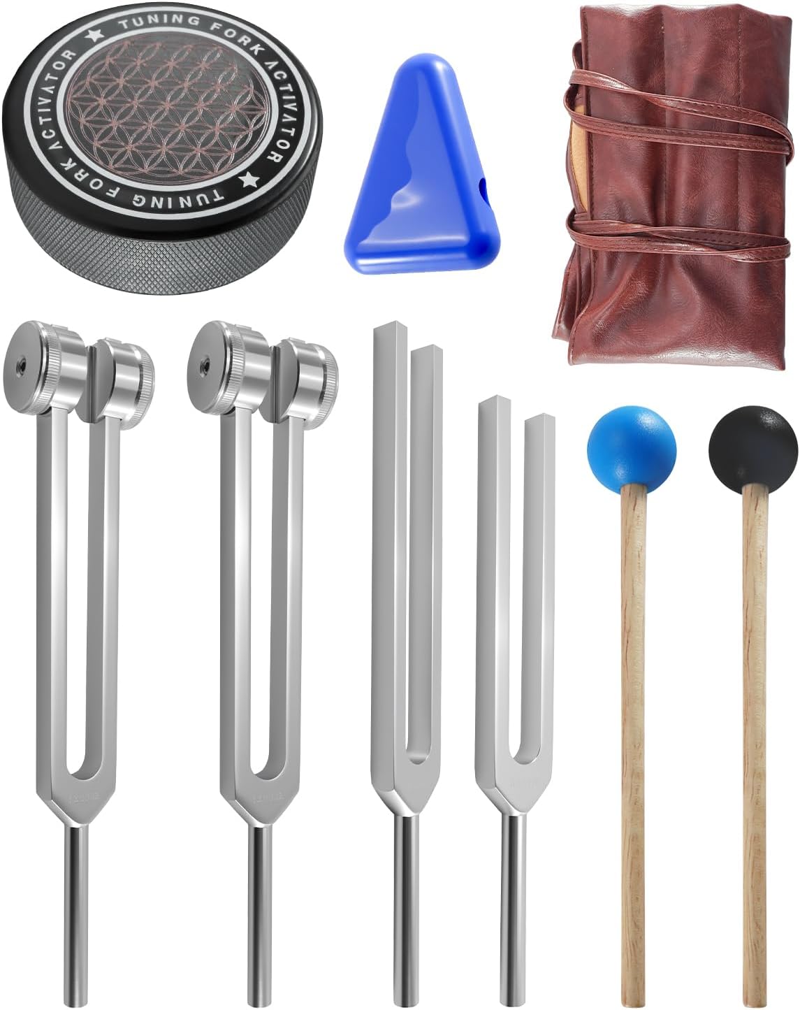 Tuning Forks for Healing Set 128Hz 256Hz 512Hz 528Hz with Sound Therapy Frequency Kit with Activator, Mallet, Massage Base and Storage Bag