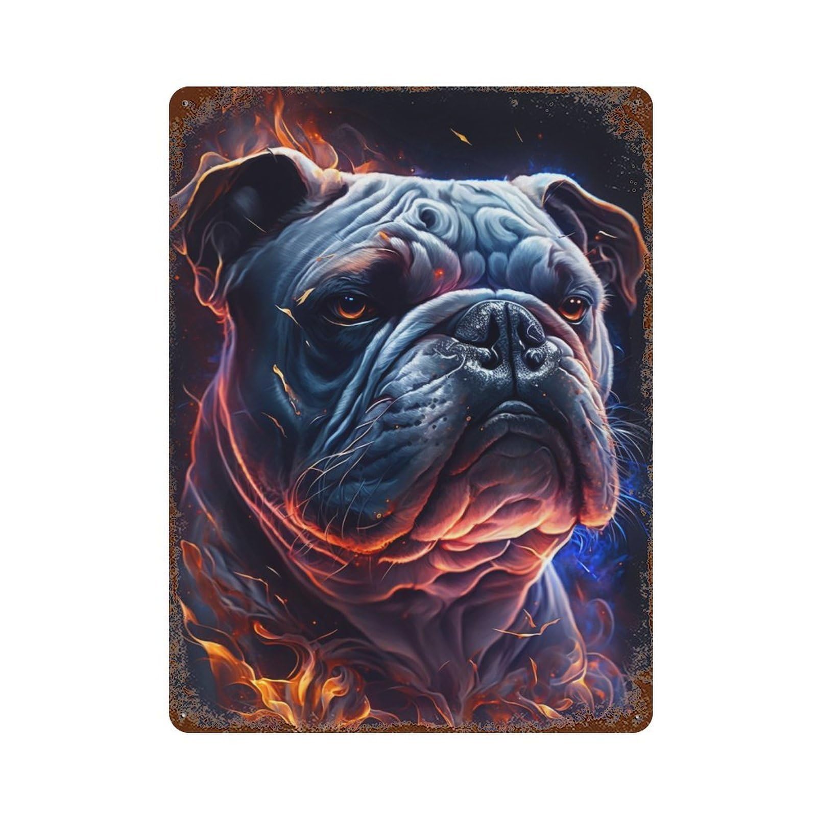 Aged Metal Wall Plaque with Flaming Bulldog Artwork Design 15.7"x11.8", for Shed, Workshop And Garage Wall Decor, Decorative Metal Wall Art